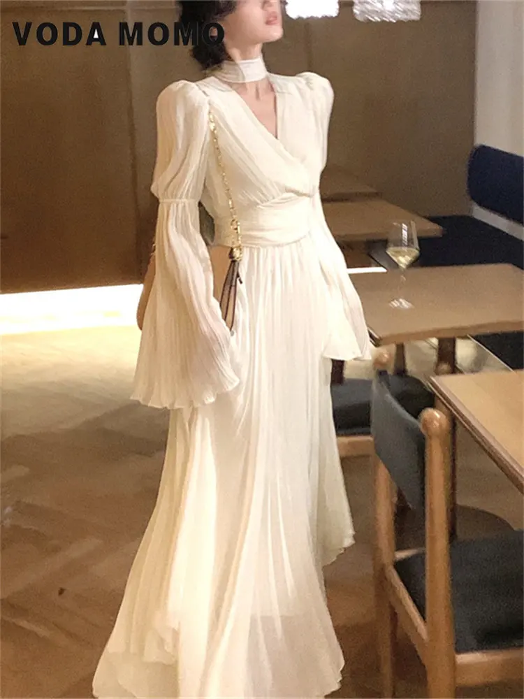 

Весеннее французское Элегантное Длинное Платье с V-образным вырезом и оборками, корейское шикарное Плиссированное цельнокроеное платье в стиле «улучшенное чувство феи»