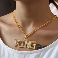 diamond letter king necklace for women and men trendy exaggerated hip hop style jewelry golden stainless steel fashion gift