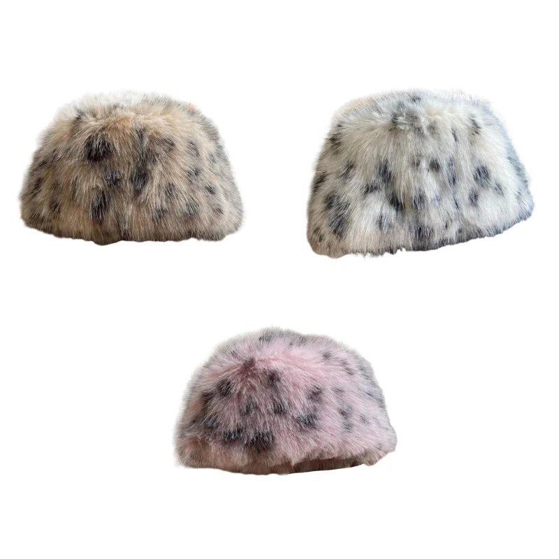 

Thick Faux Furs Hat for Women Girls Warm Thick Lining Cap Winter Coldproof Bucket Cap Leopard Bonnet Furry Headdress