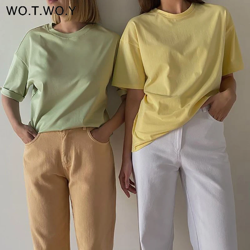 Feminina de Algodão Wotwoy Verão Casual Solto Camisa Manga Curta Sólido Básico Camiseta Feminina Macio Malha Coreano Topos Harajuku 2022
