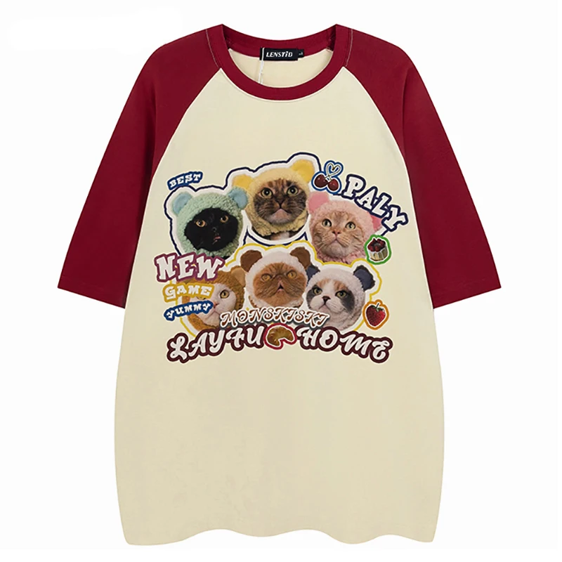 

Summer Men Tshirts Hip Hop Patchwork Cat Graphic Print T Shirts 2023 Streetwear Harajuku Casual Cotton Loose T-Shirts Tops Tees