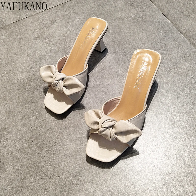 

2023 Summer Butterfly-Knot High-Heeled Shoes Slippers Fashion Peep Toe Ladies Mules Elegant Female Outside Slides Sandal Shoes