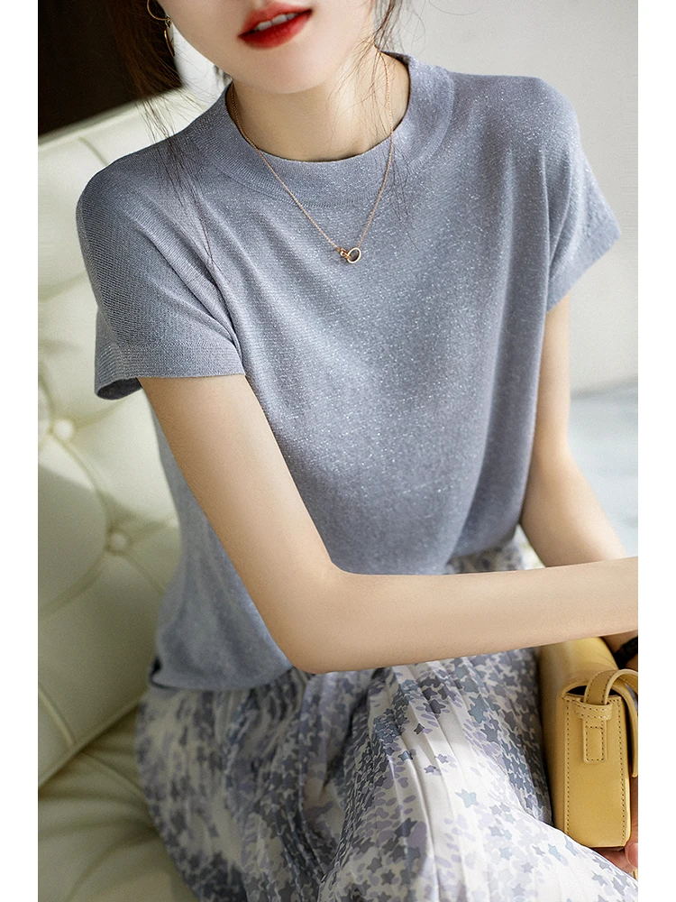 Женский трикотажный пуловер с коротким рукавом круглым вырезом