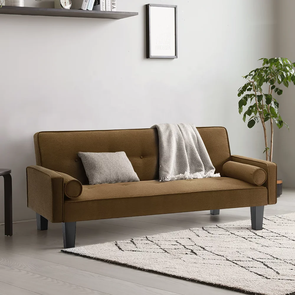 

Sofa Bed Modern Convertible Sofa Bed, Linen Pillow Sofa with 2 Pillows, Sofa Bed with Adjustable Back, Brown