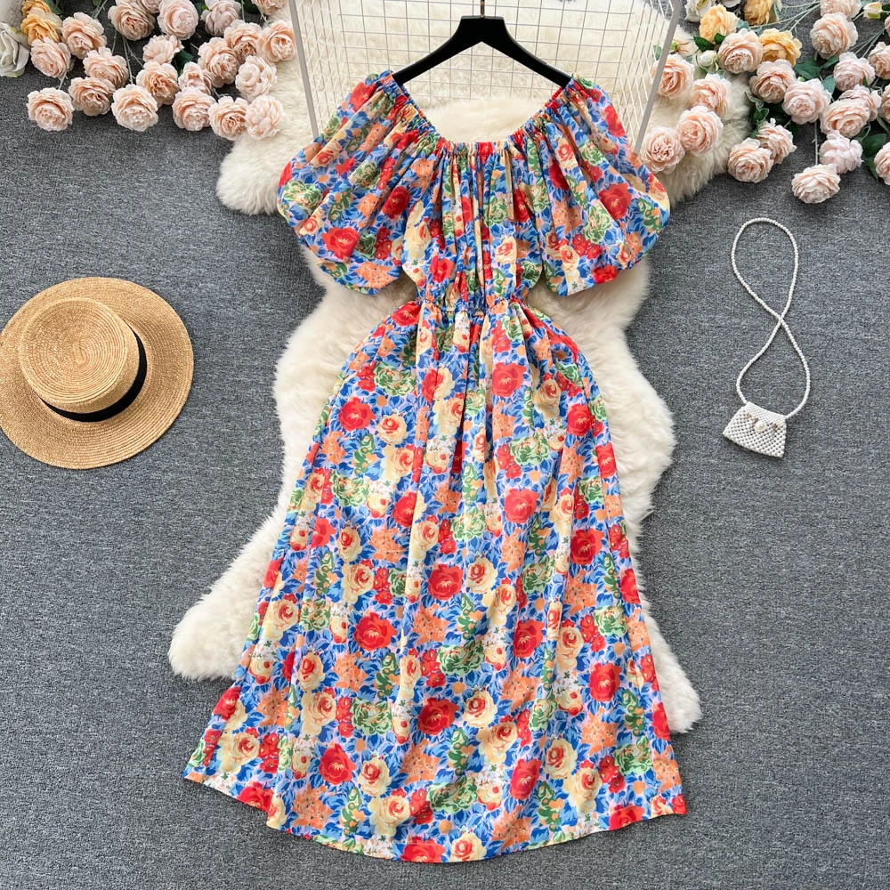 

Clothland Women Summer Floral Dress Short Sleeve Slash Neck Off Shoulder Elastic Waist Midi Dresses Vestido Mujer QC230