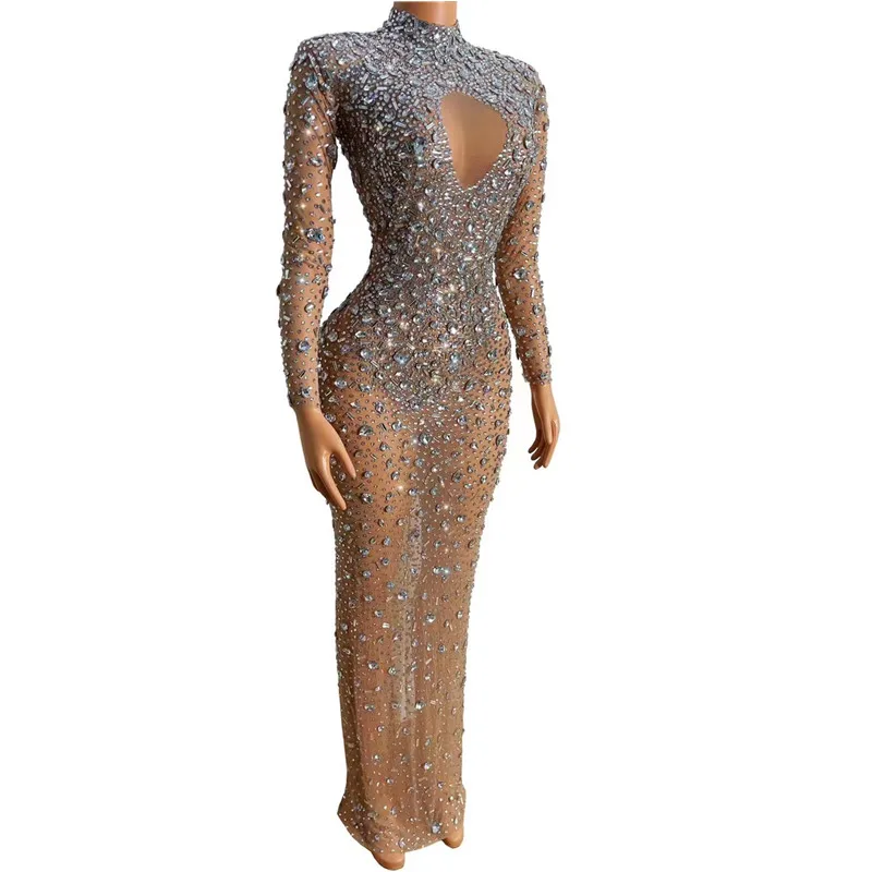 

Сексуальное длинное прозрачное платье стразы с серебряными кристаллами для свадьбы выпускного вечера Сетчатое стрейчевое вечернее платье...