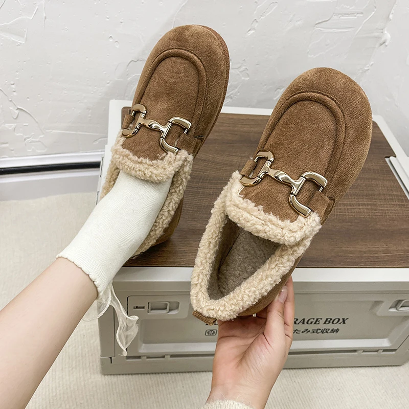 

Shoes Woman Flats Casual Female Sneakers Round Toe Slip-on Soft Loafers Fur Dress Moccasin Slip On Comfortable Retro Winter Lace