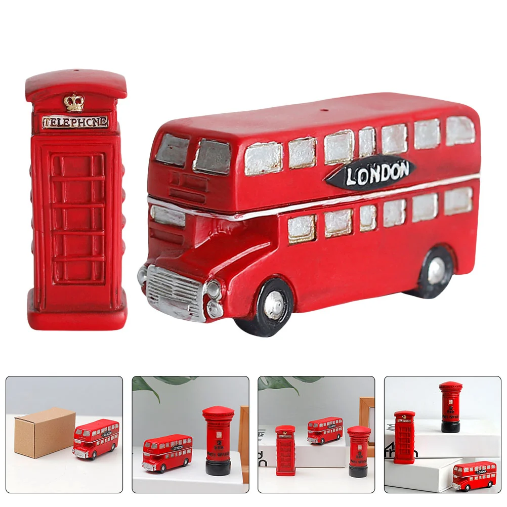 

2 Pcs Resin Bus Figurine Red Phone Booth Para Mesa Micro Landscape Ornament Miniature Telephone Table