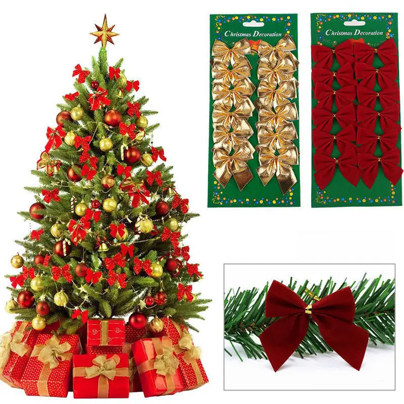 12pcs Bowtie Gold Red Silver Christmas attach Decor for Xmas tree Wreath Rattan Garden School yard Store DIY handmade crafts