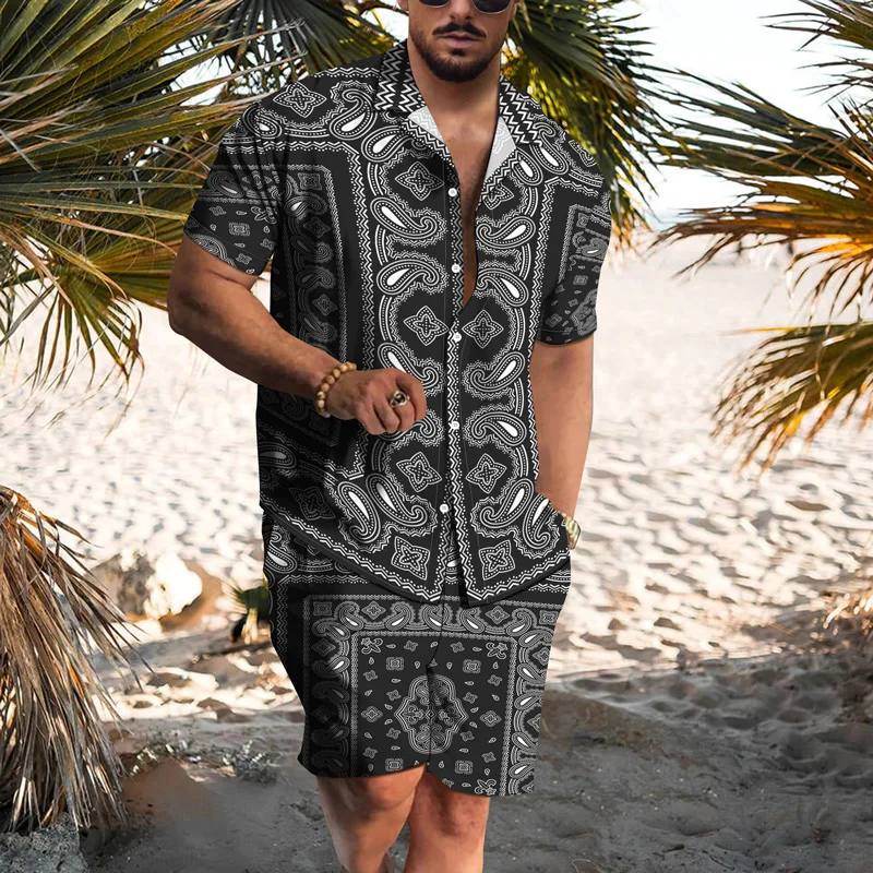 2022 Summer Hawaiian Shirts Suit For Men Short Sleeve Lapel Button Retro Harajuku Men's Clothing Trend Fashion Beach Shorts Set