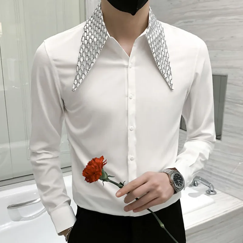 

2022 Spring Hollow Lapel Men's Shirt Long Sleeve Slim Fit Casual Shirt Social Party Tuxedo Singer Host Men Clothing Streetwear
