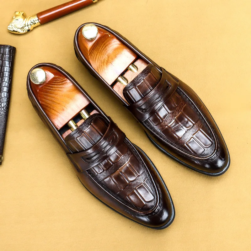 

Foreign trade new crocodile pattern beanie shoes men's slip-on casual shoes leather business formal dress pointed toe loafers