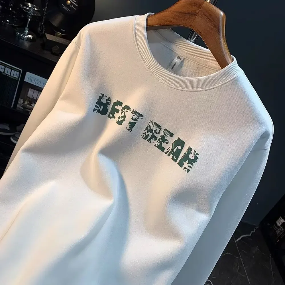 Мужская хлопковая толстовка с длинным рукавом белая футболка круглым вырезом и