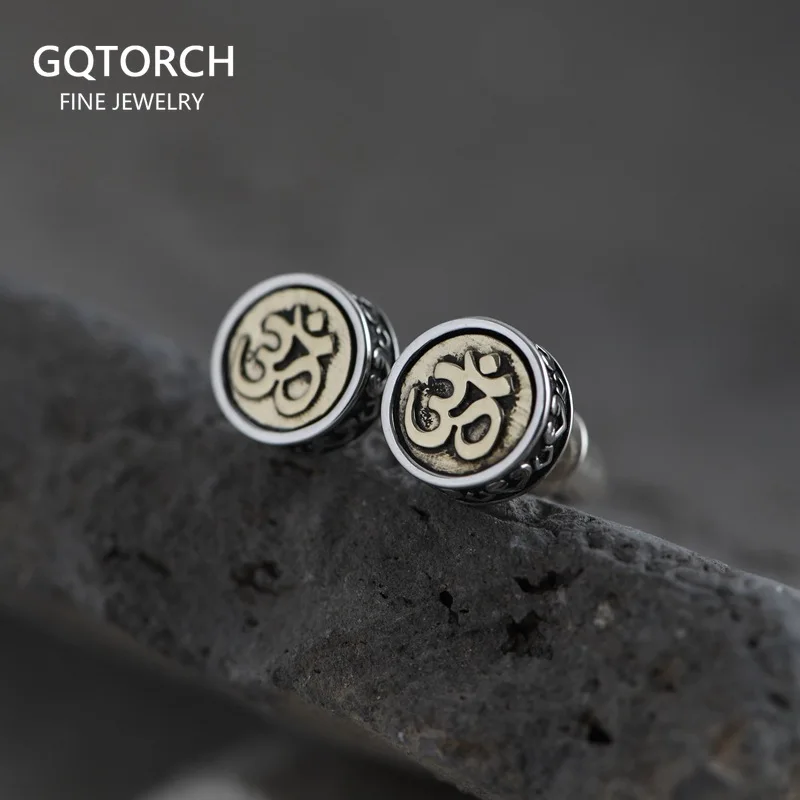 

Real 925 Sterling Silver OM Mantra Stud Earrings For Women and Men Retro Antique Style Six-Word Sutra Buddhism Jewelry