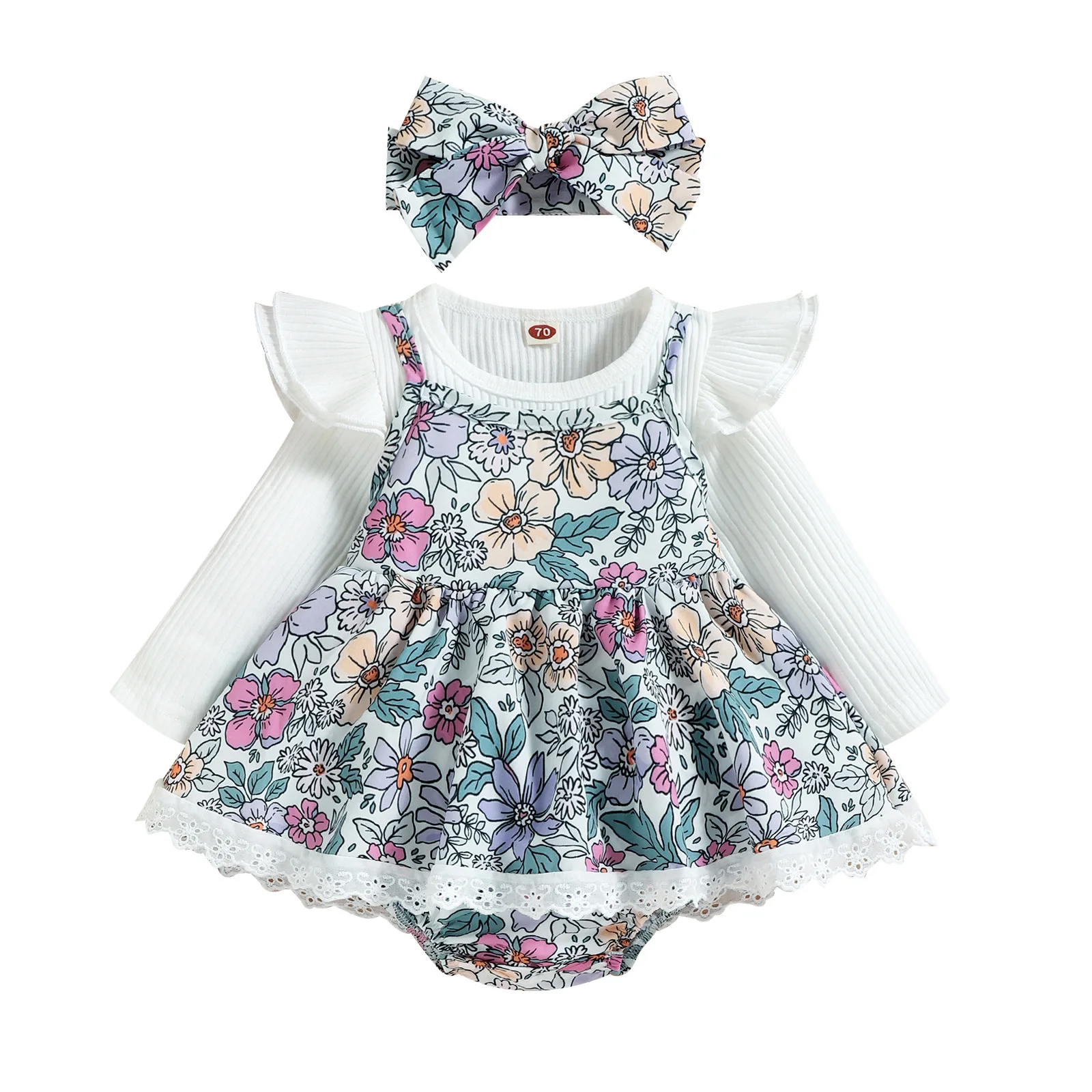 2022 Newborn Girl Autumn Clothes Floral Print Baby Set 3Pcs Long-Sleeved White Tops+Lace Dress Bodysuit+Headband Infant Clothing