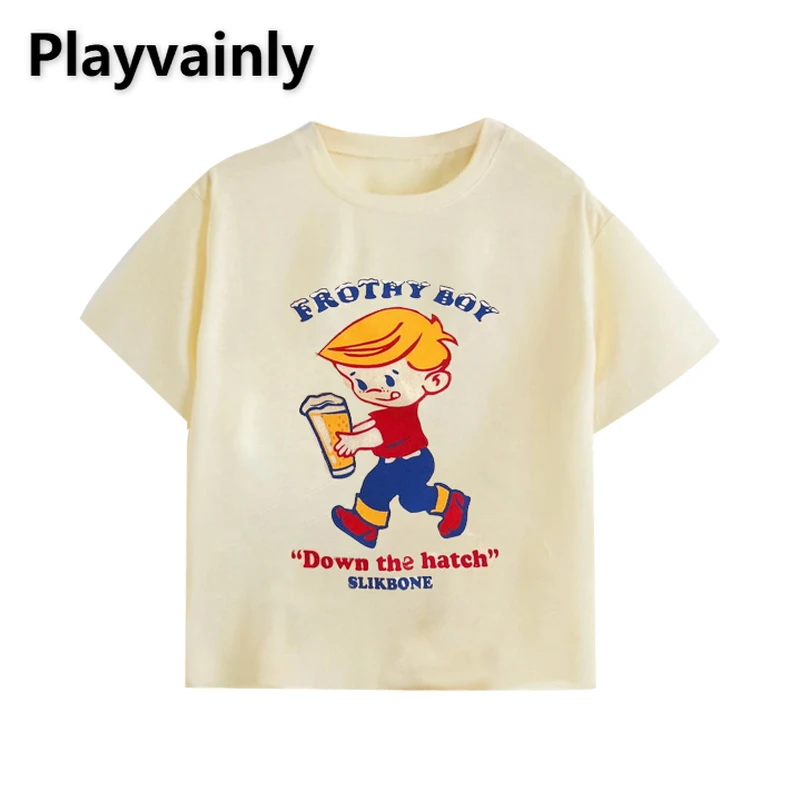 

Детская летняя одежда для маленьких девочек и мальчиков, футболка абрикосового цвета с мультяшным принтом, круглым воротником и короткими ...