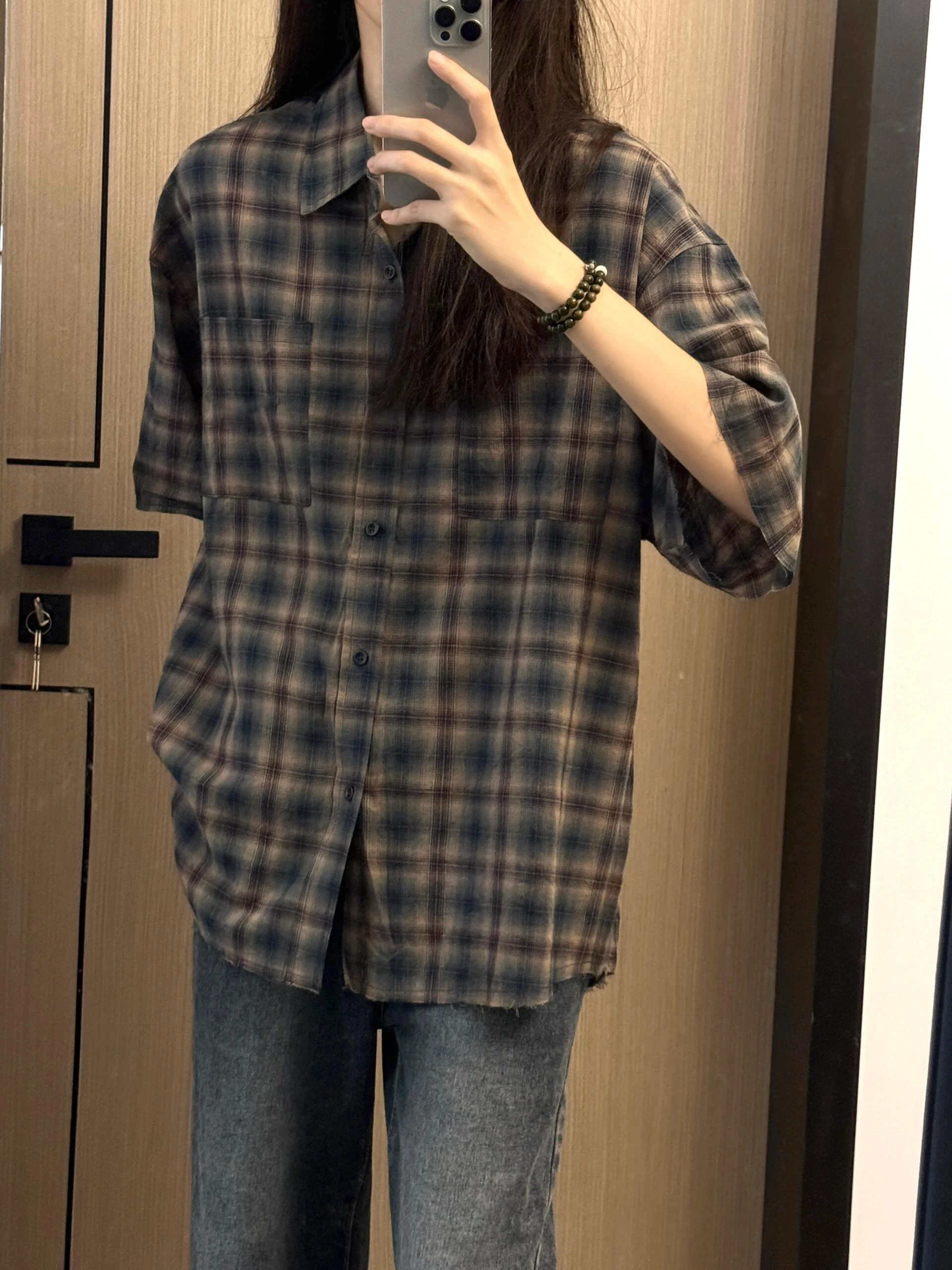 Fashion Brand American vintage Short sleeve Plaid Shirts Women Summer Loose Casual All-matching Couple Japan fashion Shirt Th...