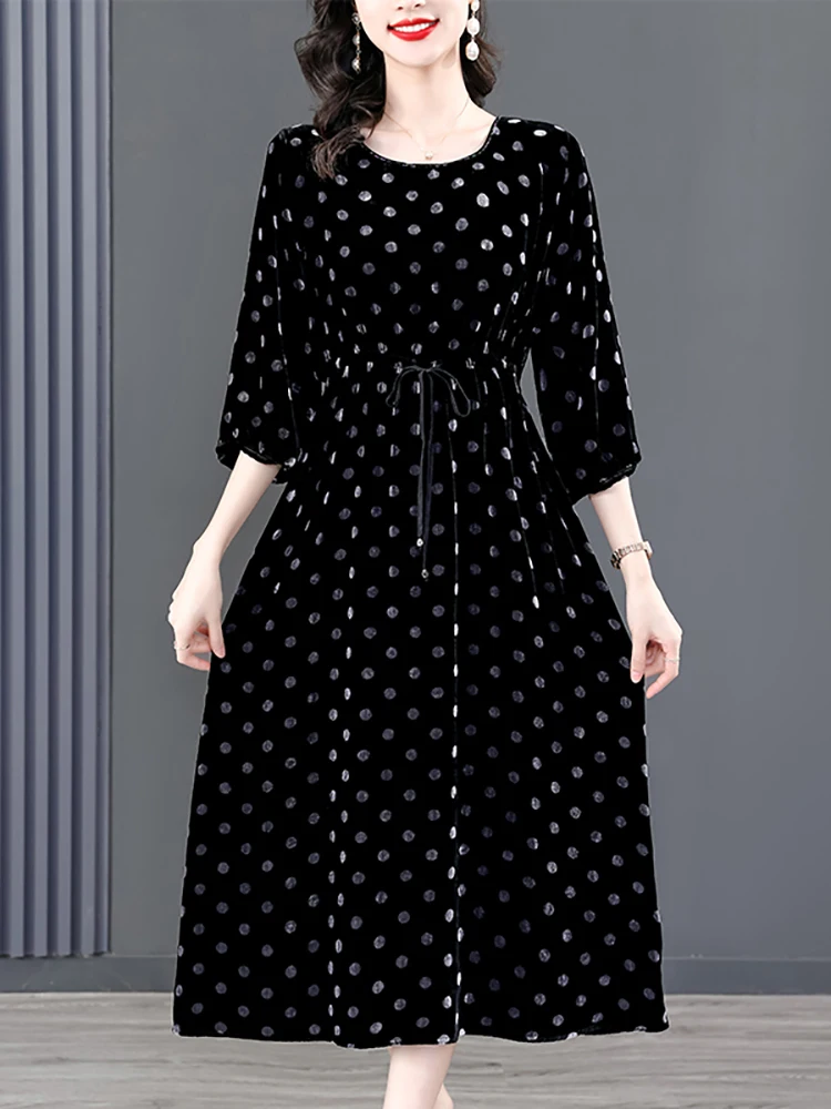 

Теплое женское платье в горошек Хепберн, черное бархатное платье средней длины в Корейском стиле на осень и зиму, длинное винтажное плотное ...