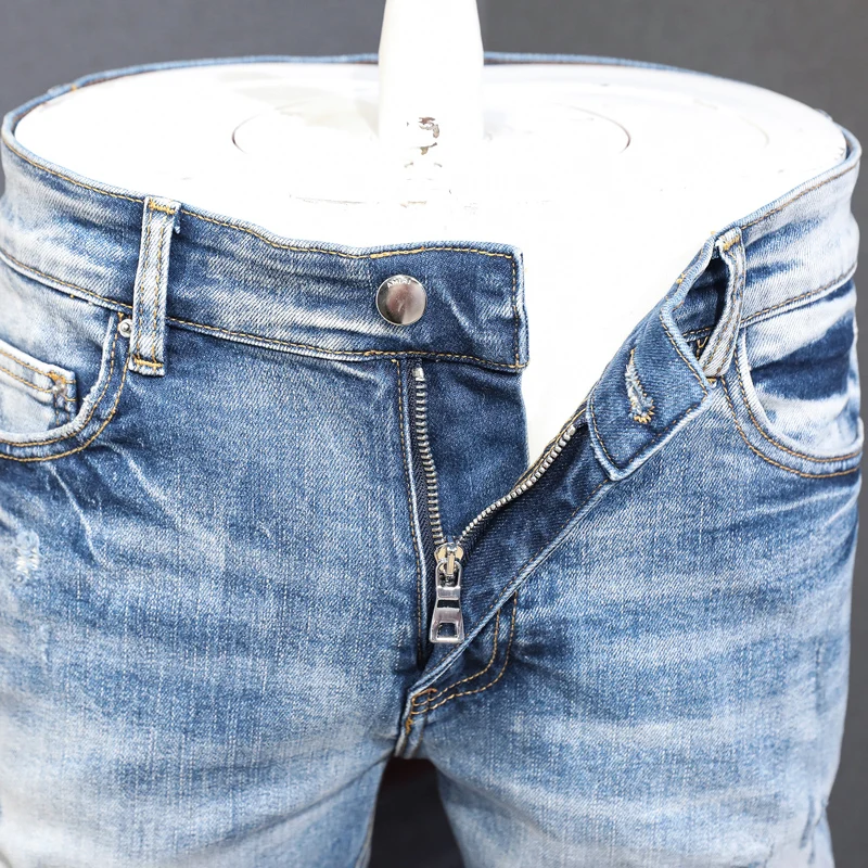 High Street Fashion Men Jeans Retro Light Blue Elastic Stretch Skinny Ripped Jeans Men Patch Designer Hip Hop Brand Pants Hombre