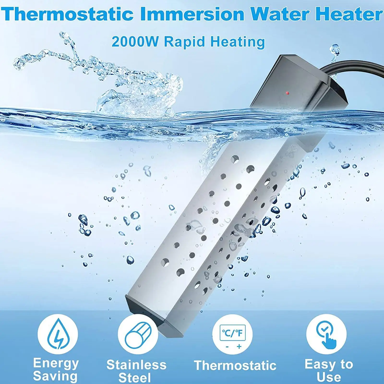 

2000W Mini Electric Water Heater Immersion Instantaneous Water Boiler Water Hot Heater Heating Portable Rod Element N6N9