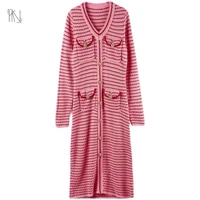 contrast stripe long sleeved a line skirt 2022 autumn new women v neck slim single breasted pocket drill button knitted dress