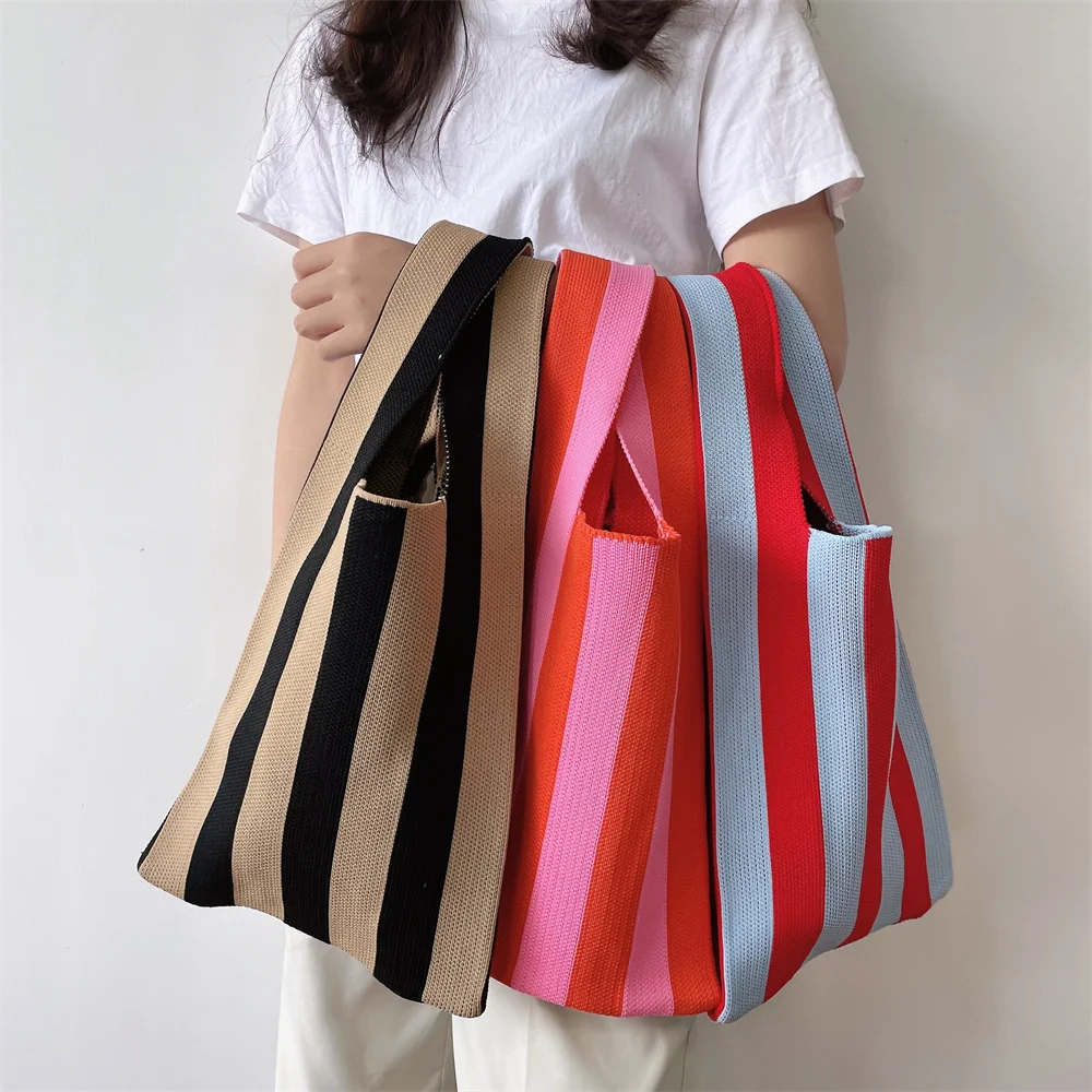 

Fashion Striped Knitting Tote Bag Women's Shoulder Bag Fashion Hollow Out Tote Ladies Female Woven Shopper Purse Crossbody bag