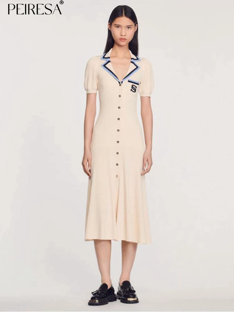 

PEIRESA Contrast Color Lapel Puff Sleeve Embroidery Knitted Dress Women Elegant Single Breasted Mermaid Midi Dresses Vestidos