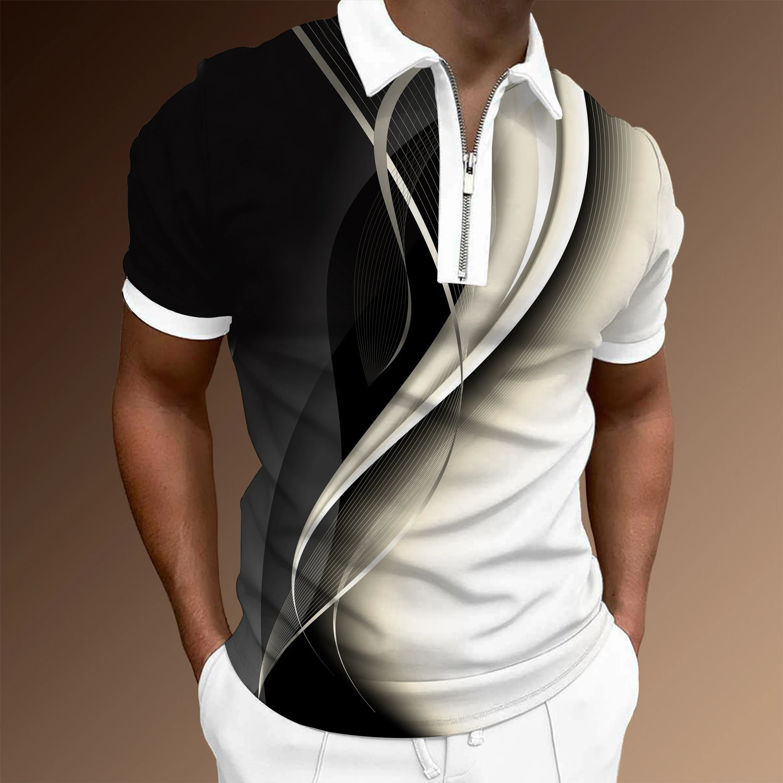 

Рубашка-поло мужская с коротким рукавом, уличная одежда, повседневная рубашка-поло с 3D Цифровым принтом, с лацканами, на молнии, для выпускно...