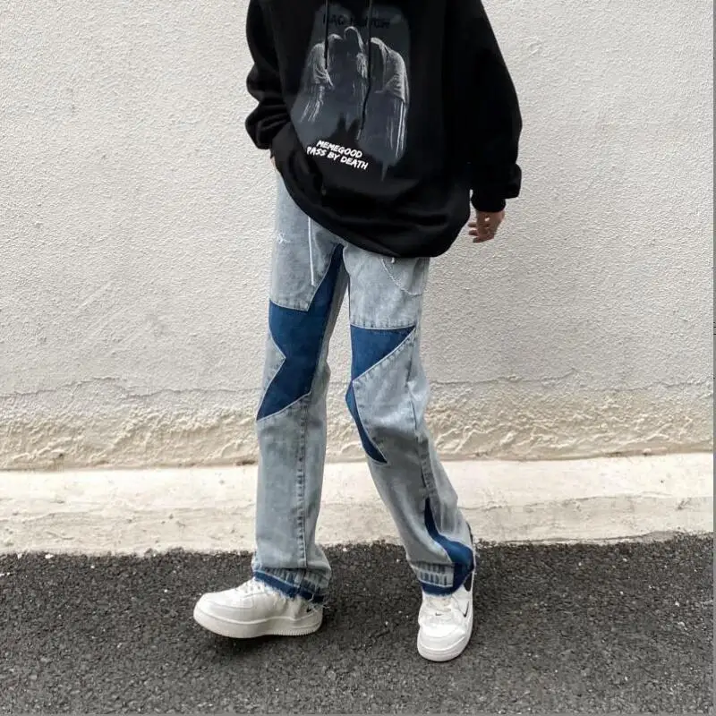 

Harajuku Stars Patchwork Men y2k Jeans Straight Jeans Mens Retro pantalon homme Oversized Casual Denim Trousers w122