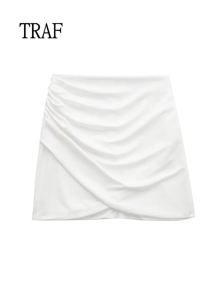 

TRAF Fashion Asymmetrical Short Skirts Women High Waist Ruched Side Zipper Vintage Female Skirt Solid Mini Party Skirt Summer