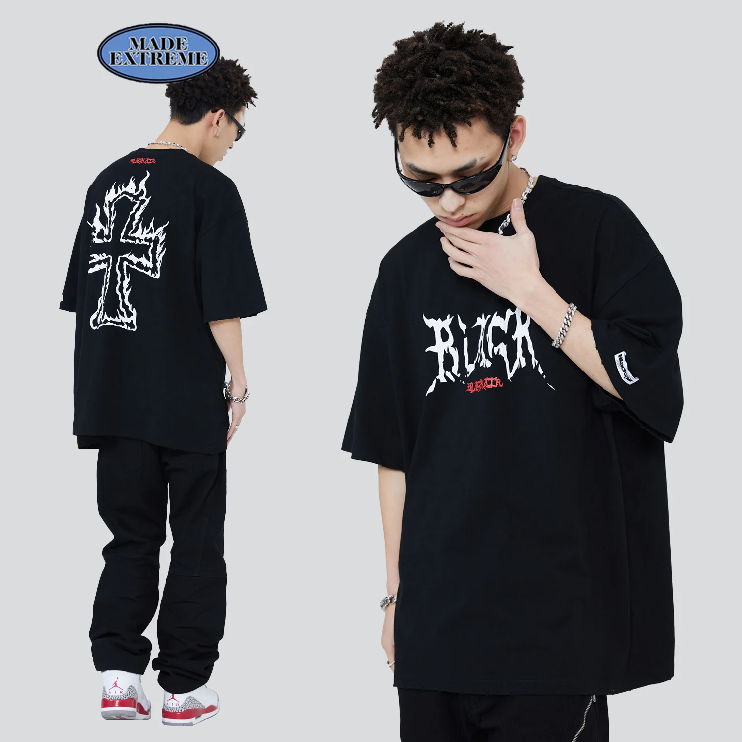 BLACKAIR Flame text short sleeve t shirts high street retro casual shirt men oversized gothic tops graphic tees streetwear |