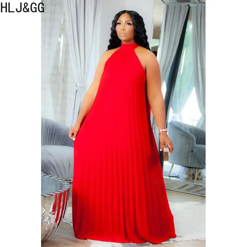 HLJ&GG Summer Sleeveless Loose A-line Dresses Plus Size Women Solid Color Floor Robe Vestidos Female Halter Party Club Clothing