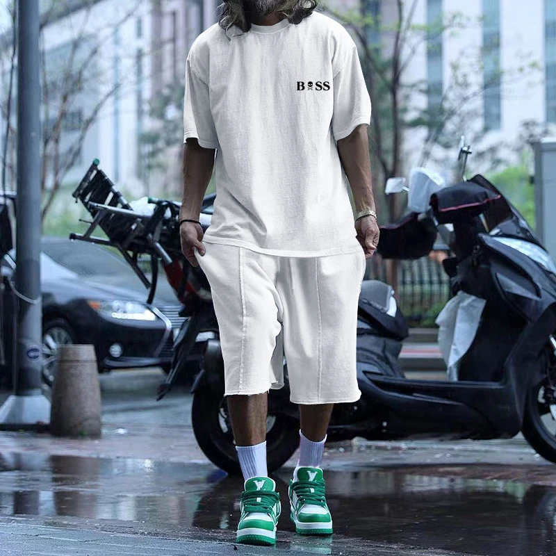 Summer Hot Sale Solid Color men's Street Trendy men's Casual Two-piece Short-Sleeved T-shirt + Loose Shorts