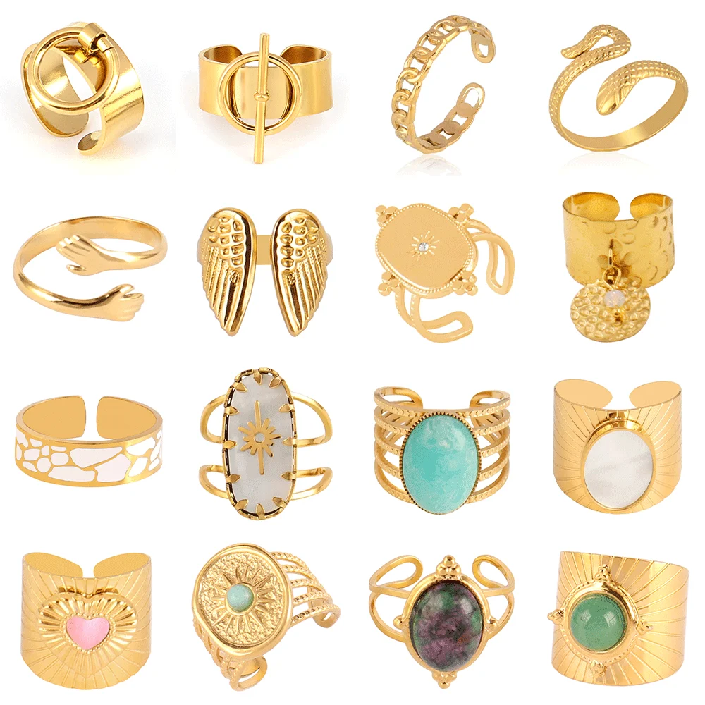 316L открытые кольца из нержавеющей стали для женщин кольцо с натуральным камнем панк мужские Крылья змея сердца цепные кольца ювелирные изделия