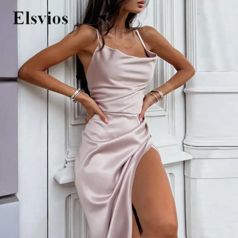 

Sexy Ruched Slash Collar Evening Gown Elegant Women Solid Satin High Split Party Dress Lady Fashion Sleeveless Sling Long Dress
