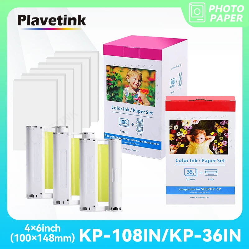 

PLAVETINK KP-108IN For Canon Selphy Color Ink Paper Set Photo Printer CP1200 CP1300 CP910 CP900 Ink Cartridge KP 108IN KP-36IN
