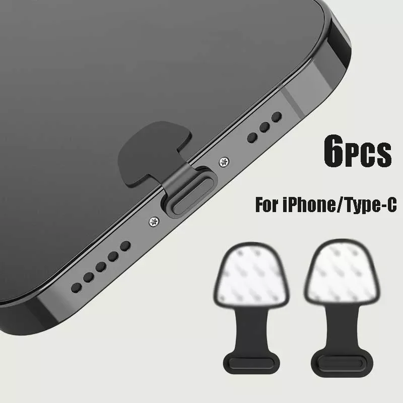 

6pcs Dust Plug Silicone Phone Charging Port for IPhone Type-C Anti-Lost Cap Waterproof and Dustproof Plug Cover