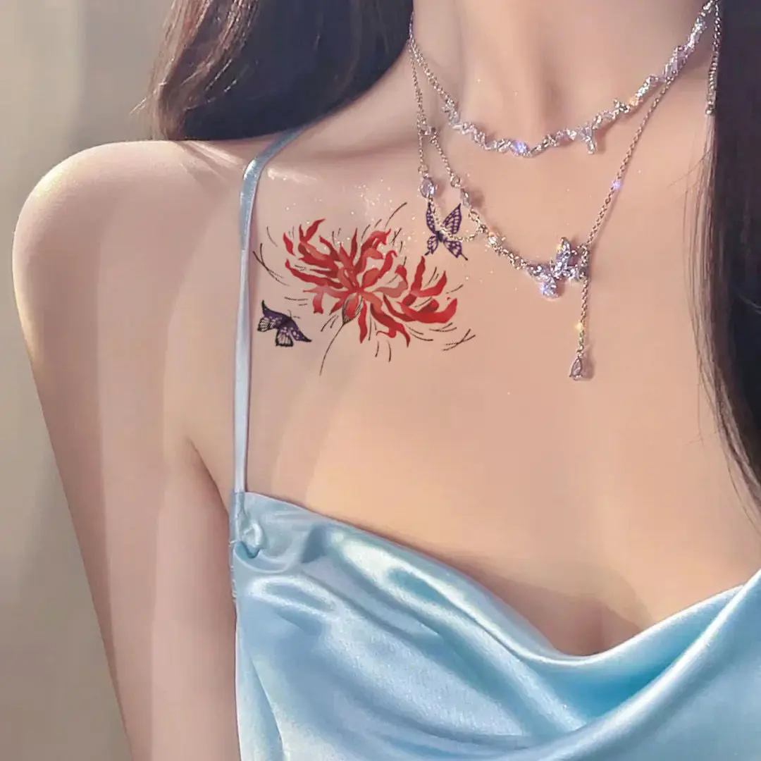 

Цветок бабочка любовь другая сторона цветок до ключиц наклейка для женщин временная татуировка Красивая Искусственная татуировка