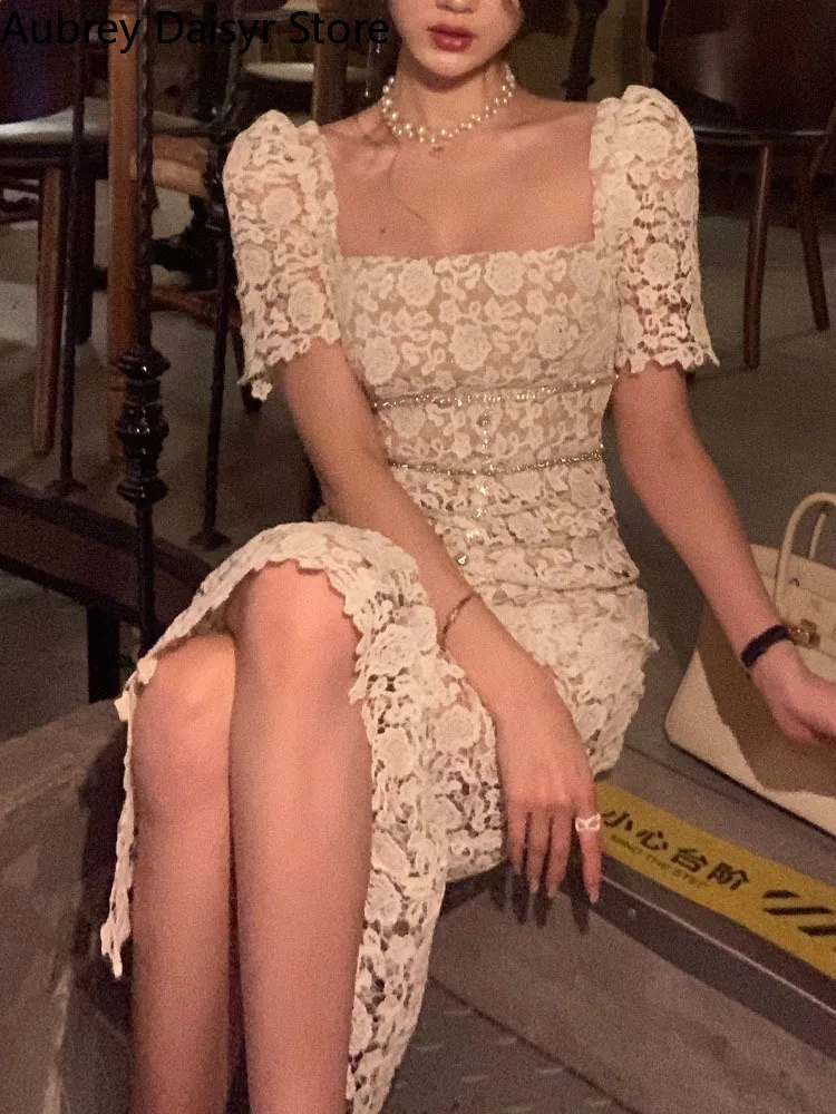 

Fairycore Sexy Long Lace Dress Women Korean Elegant Vintage Chic Design Bodycon Dress Female Summer Casual Evening Party Dress