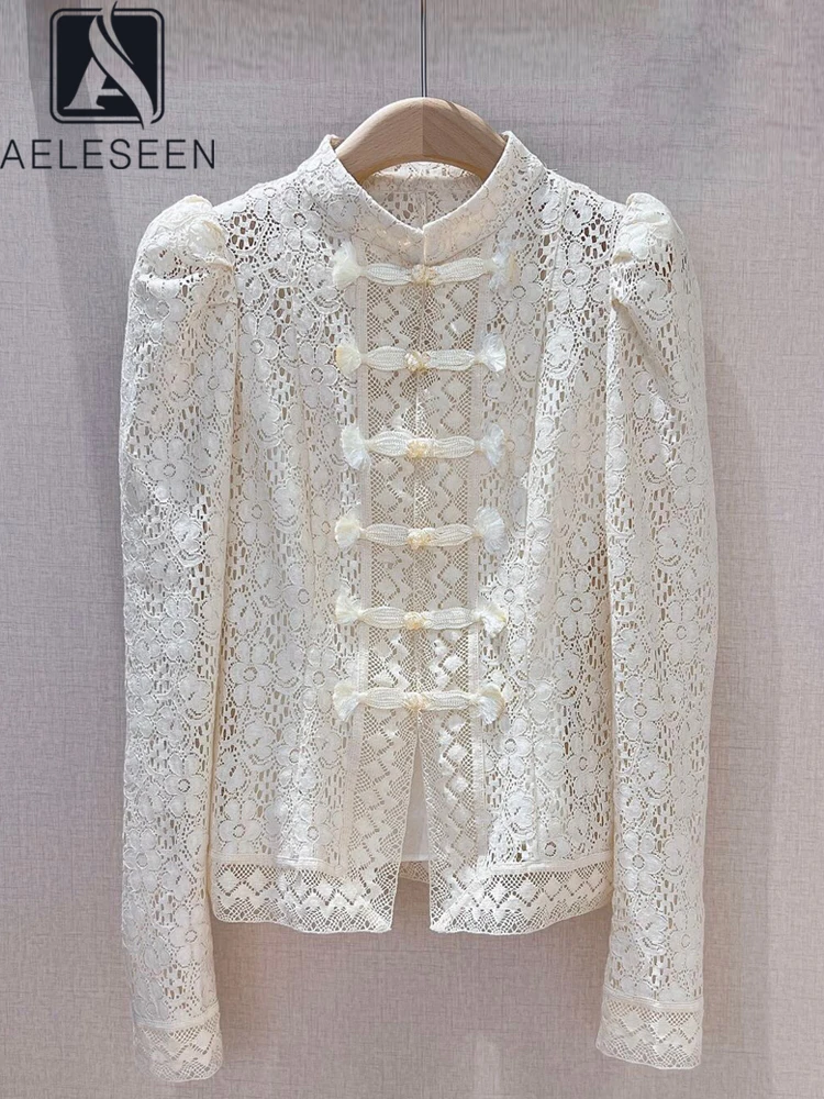AELESEEN Design Fashion Women Lace Blouse 2023 Spring Summer Full Sleeve Frog Flower Embroidery Elegant Party Vacation Shirt