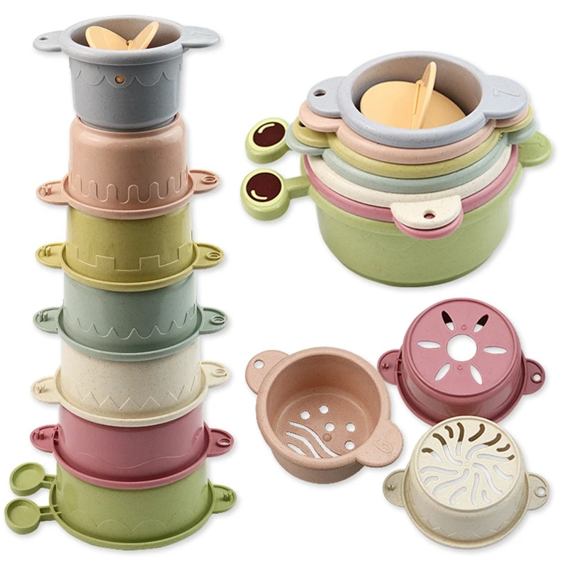 

7Pcs/Set Cartoon Baby Stacking Cups Toys Fun Colorful Hollow Out Cups Infants Bath Toys Early Learning Montessori for Kids Gifts