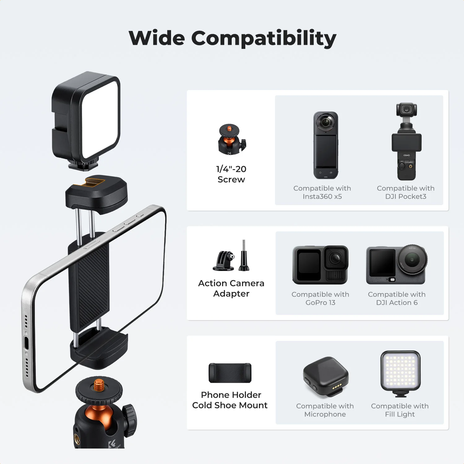 Фото Штатив K&F Concept MS-71 25,6 дюйма с функцией быстрого раскладывания для Insta360 x5, DJI Pocket 3 и Action 6 №5