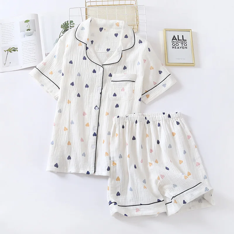 

Japanese summer new ladies cotton gauze short sleeve shorts pajamas suit cute heart-shaped thin section home service suit woman