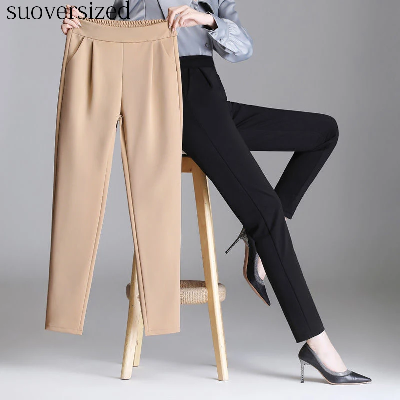 

Women Oversized 80KG Harem Straight Pant High Waist Suit Trousers Office Lady Casual Loose Capris Black Wholesale OL Formal Wear