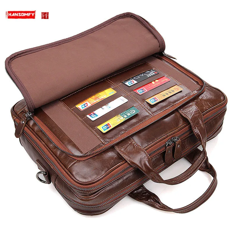 Men Business Official Handbag Cross-section Briefcase Travel Shoulder Bags New Laptop Messenger Retro 100% Genuine Leather 15