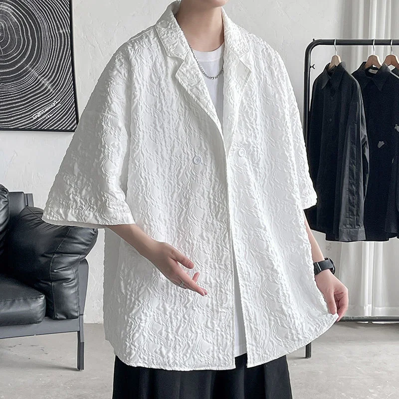

NoEstaMal Men's Oversized Embossed Short Sleeve ShirtsTurn-down Collar Blouses All-match Male Tops Cardigan Korean Style Shirts