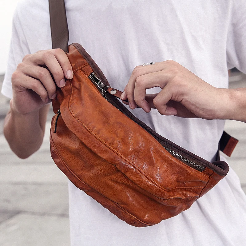 AETOO  Genuine leather retro waist bag men's tide brand first layer cowhide chest bag women's tide ins summer street small shoul
