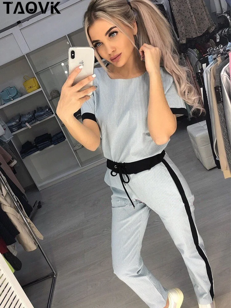 

TAOVK Short Sleeve Top+Pant Suits Gray Black Trouser Suit for women 2 Piece Set slim T-shirt and trousers tracksuit