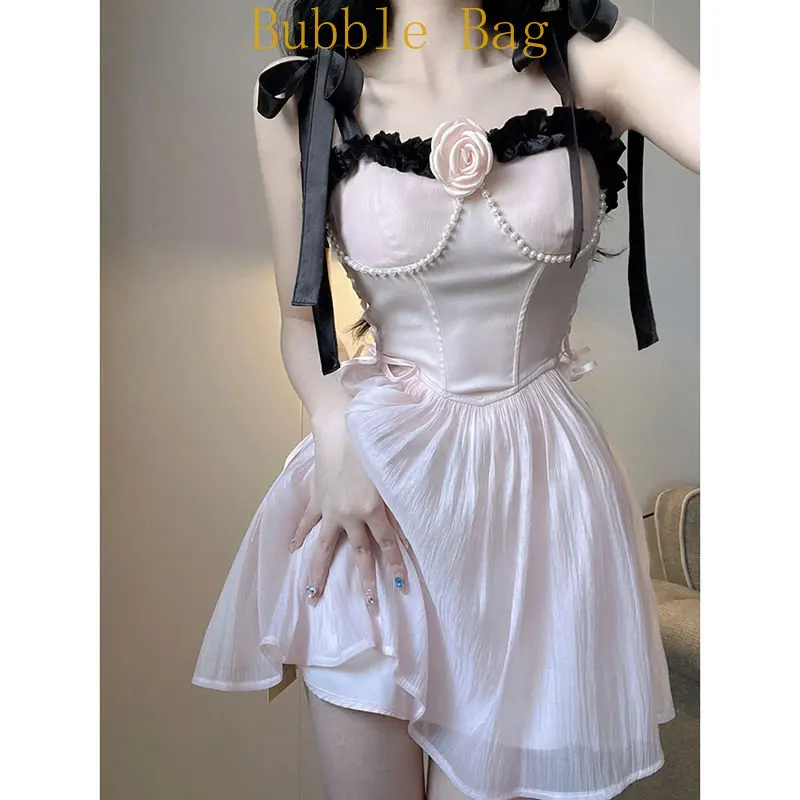 

Summer French pure sweet and spicy wind lace-up suspender skirt sen tied sweet age-reducing dress summer dress