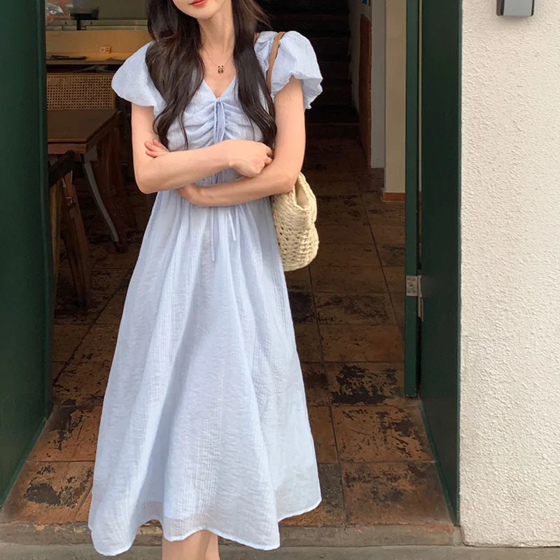 

Ice cream tea break French V-neck female summer 2023 new seaside holiday group fairy temperament long skirt